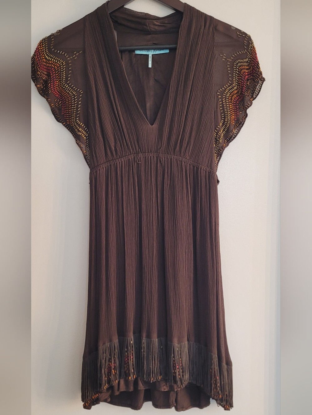 Guess by Marciano Brown Pleated Boho Mini Dress Beaded Fringe V-Neck